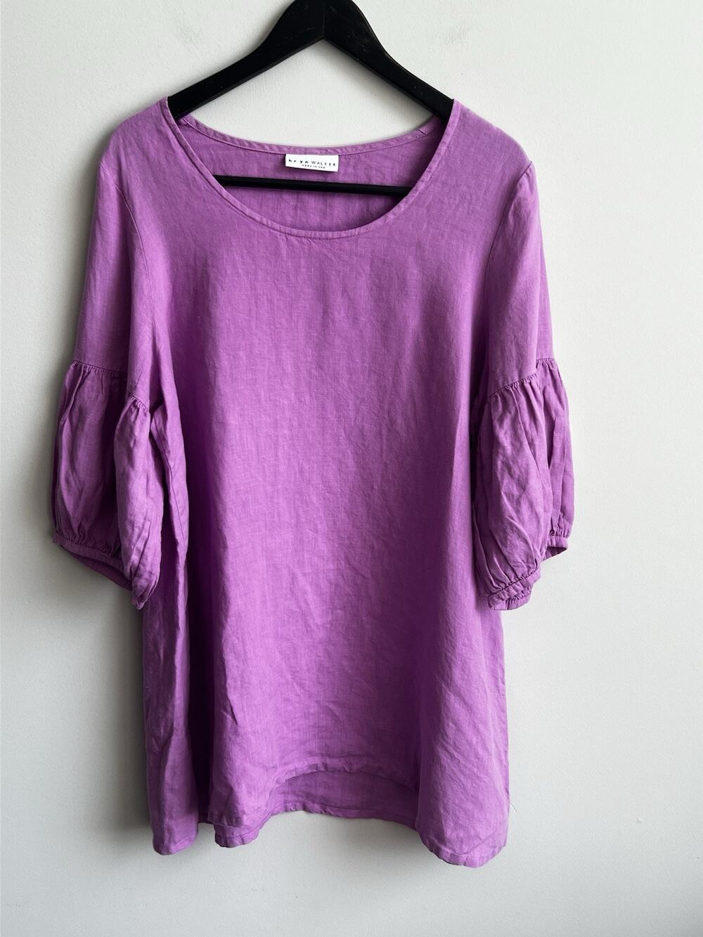 BRYN WALKER 100% Linen Long Tunic Top Purple 3/4 Balloon Sleeves Size L